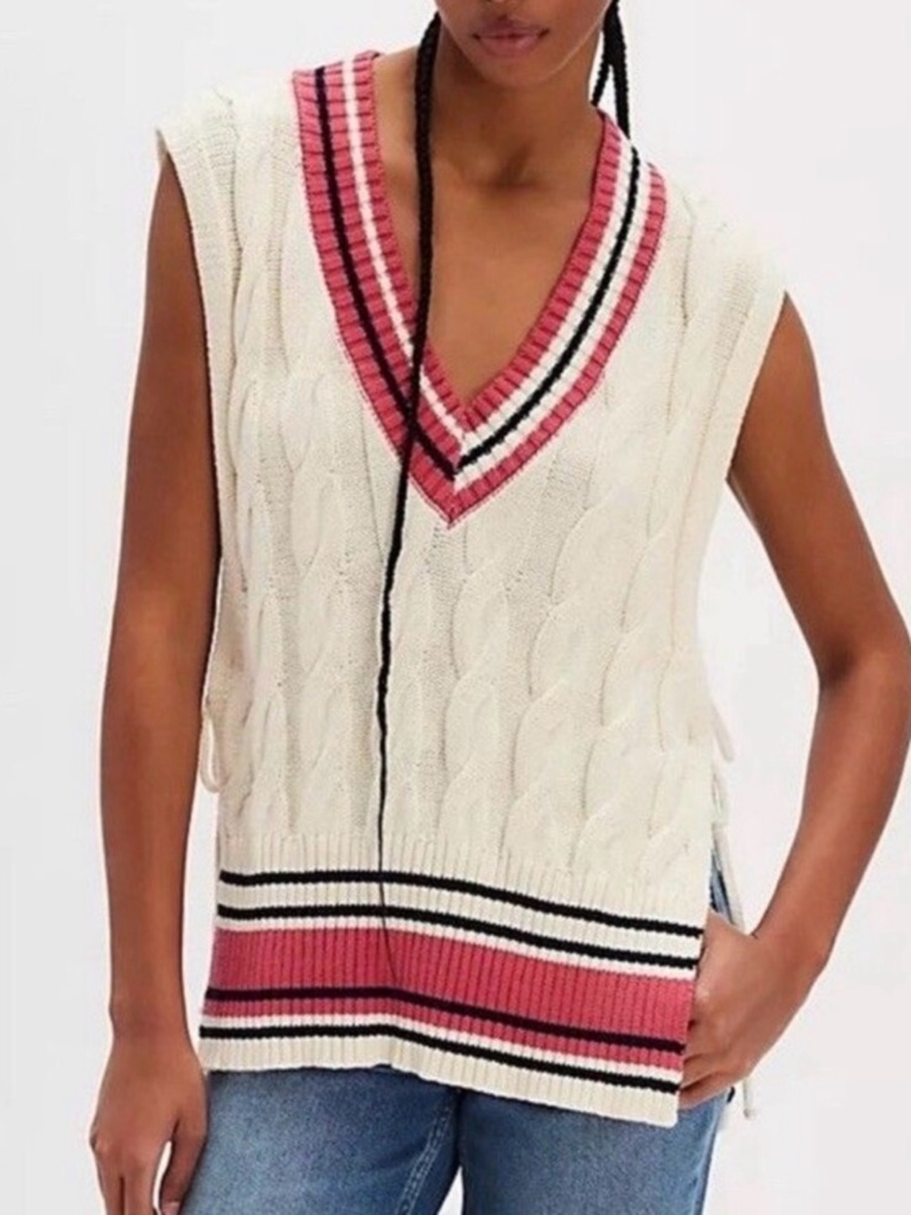 Free People Cable Knit Cricket Sweater Vest Cream Pink Side Tie Tunic NWT